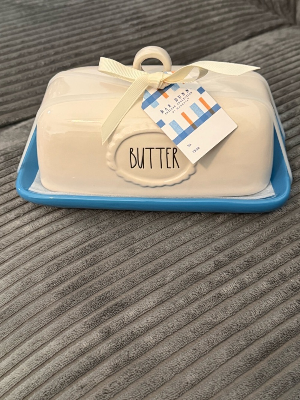 Rae Dunn Ceramic Butter Dish in White and Light Blue